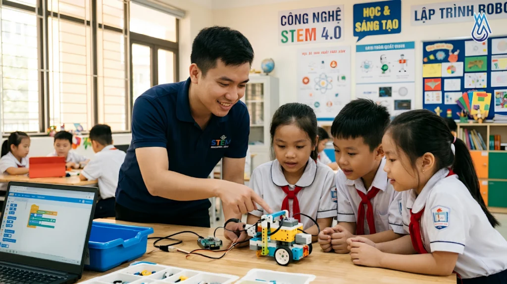 Giáo viên hướng dẫn học sinh trong tiết thực hành STEM