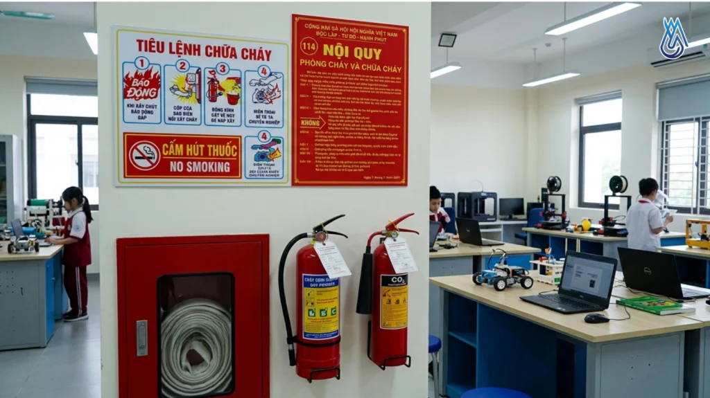 Hệ thống bình chữa cháy và tiêu lệnh PCCC đạt chuẩn tại cơ sở giáo dục