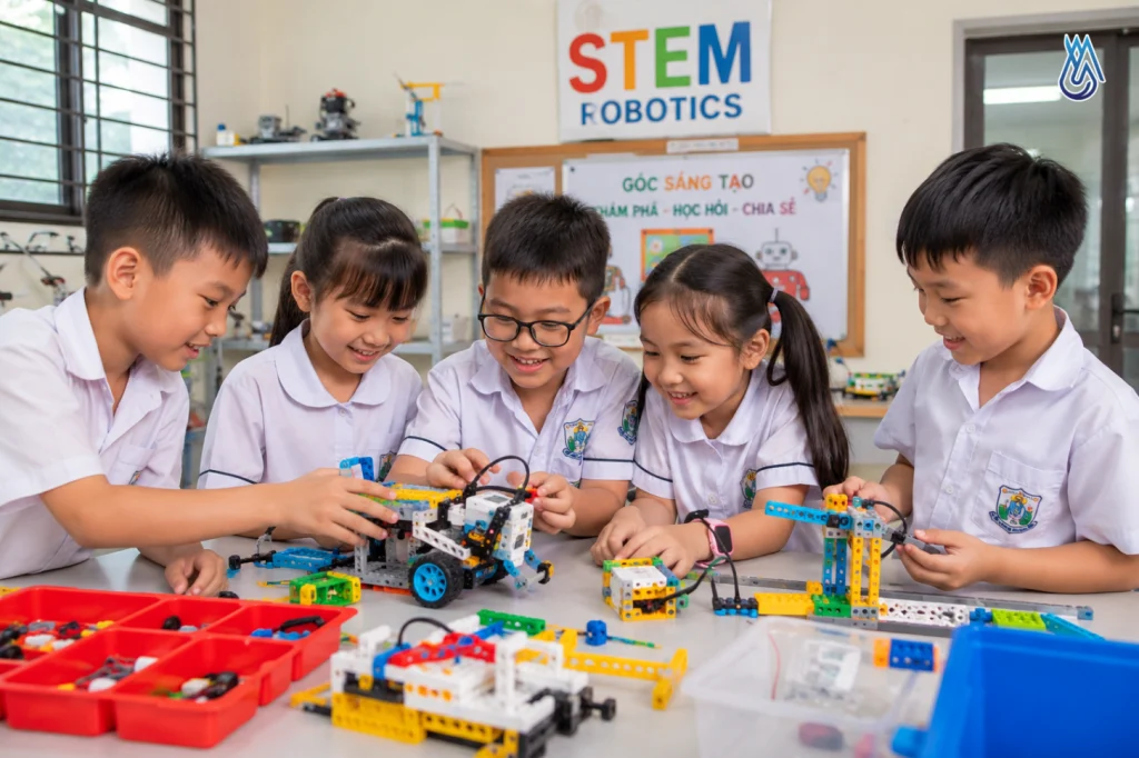 Thiết Bị STEM Cho Trường THCS & THPT: Robotics, AI, IoT, Máy In 3D, Cảm Biến 1 Học sinh hào hứng tham gia tiết học thực hành STEM