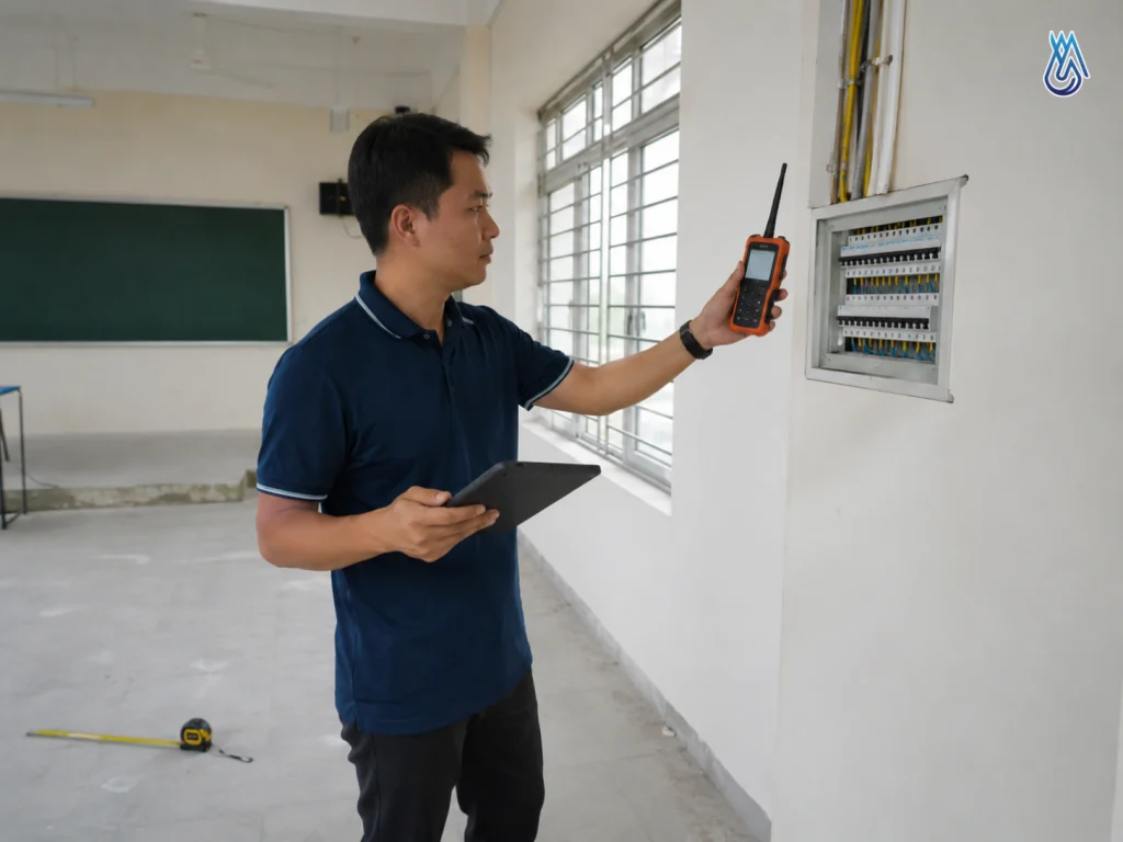 Thi Công Nội Thất Phòng STEM Lab Trọn Gói Từ HHNTECH 3 Kỹ sư khảo sát cường độ sóng và tải điện tại phòng học