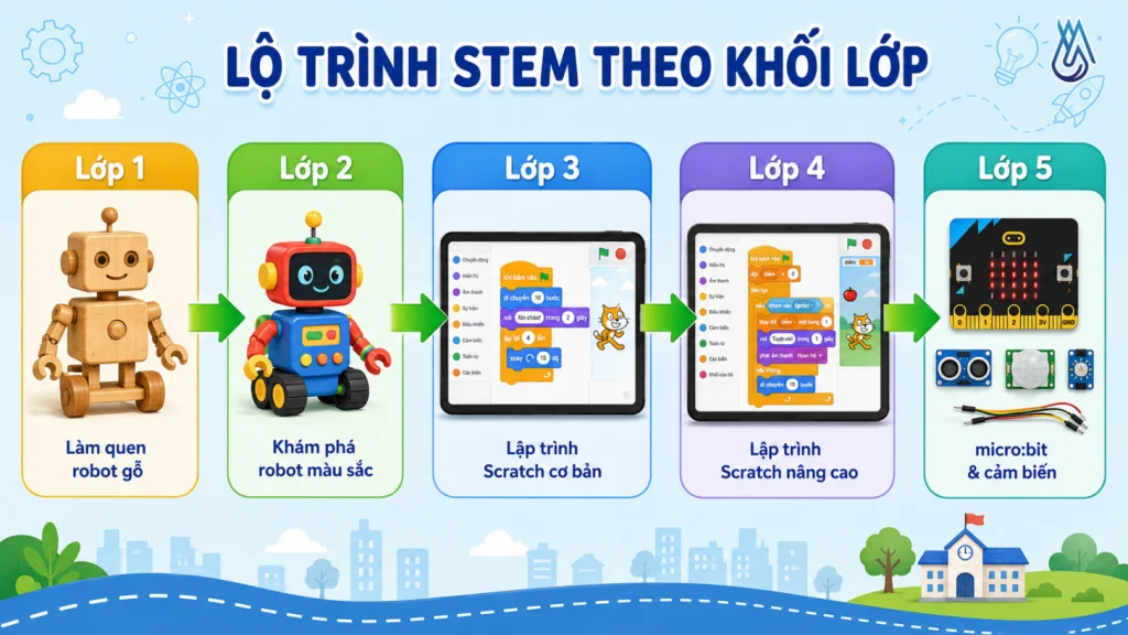 Top 10 Thiết Bị STEM Được Các Trường Tiểu Học Tin Dùng Nhiều Nhất 2 Lộ trình STEM theo khối lớp của tiểu học