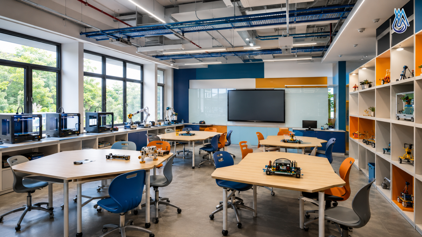 Phòng STEM Lab hoàn thiện trọn gói với bàn nhóm mô-đun và khu chế tạo